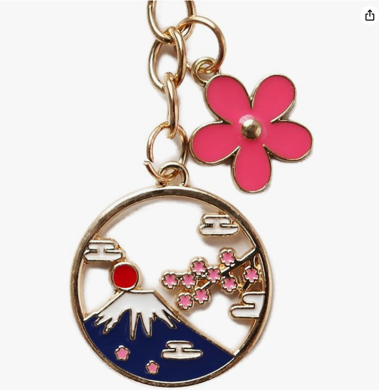 SunAge Key Chain, Mt. Fuji and Cherry Blossom Petals, Alloy, Japanese Style Key Chain, Key Ring