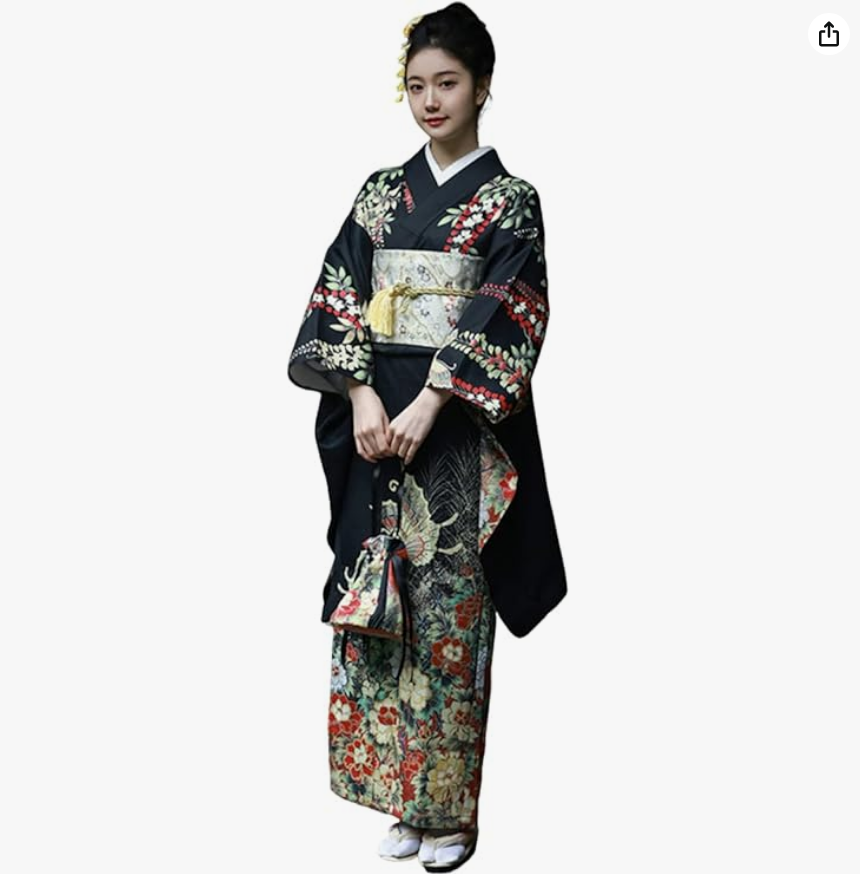 Lady Lazy Showa Retro Kimono, Flowers, Butterfly, Kimono, Cosplay, Long, Black, Obi, Fan, Set of 4